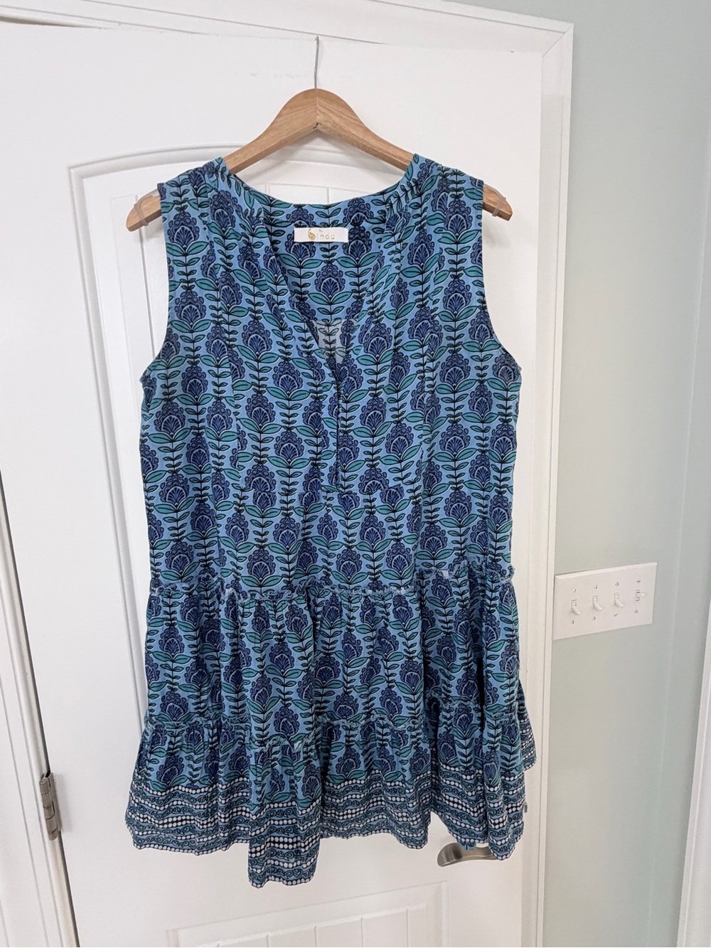 Bindu Blue Turquoise Floral Block Print Tiered Mini Dress XL